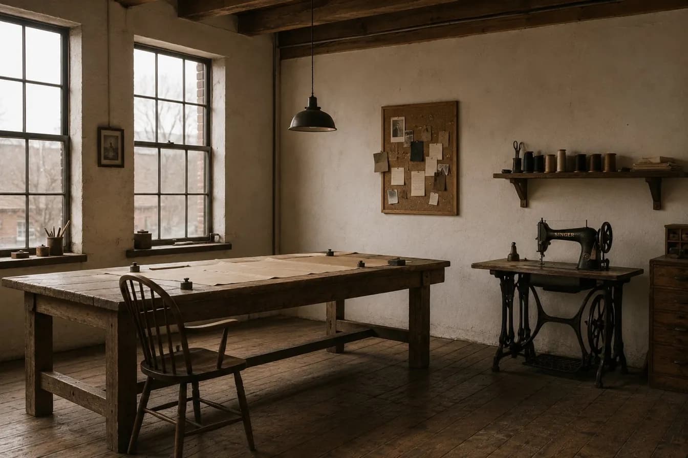Inside the Cordilline workshop — tools and fabric on a wooden bench.