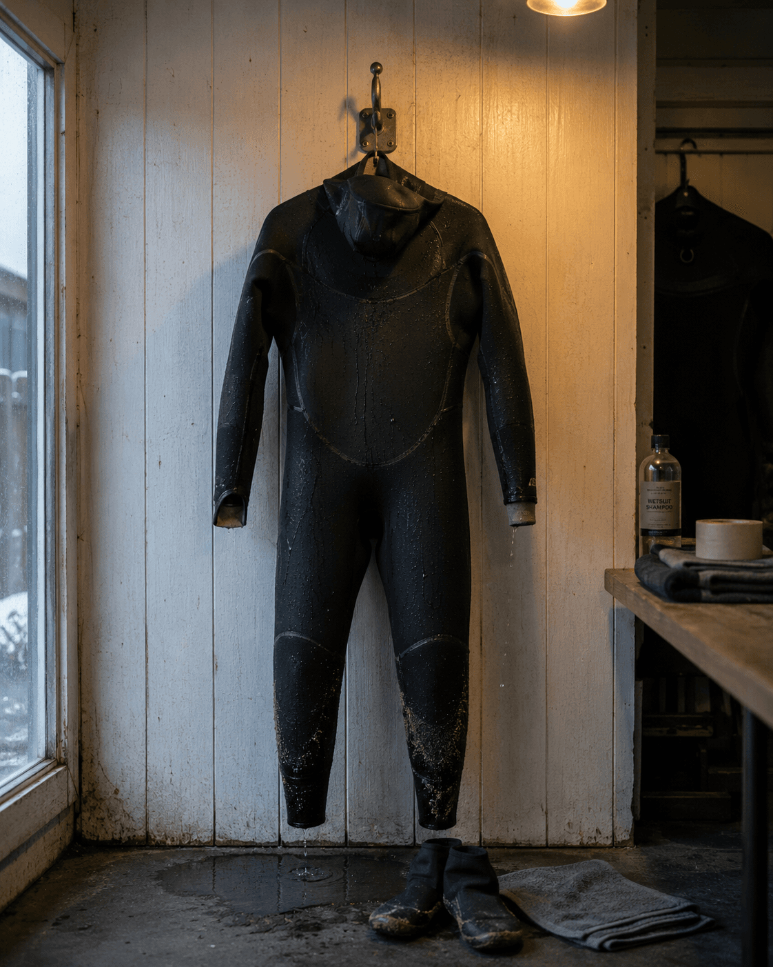 A black wetsuit hanging from a hook in the shop, morning light coming through the window.
