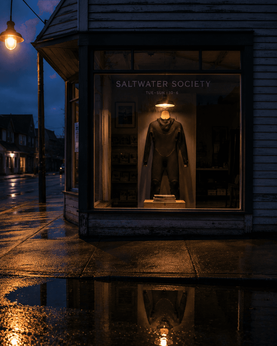 The Saltwater Society storefront at night, a wetsuit lit in the window display, rain reflecting on the sidewalk.
