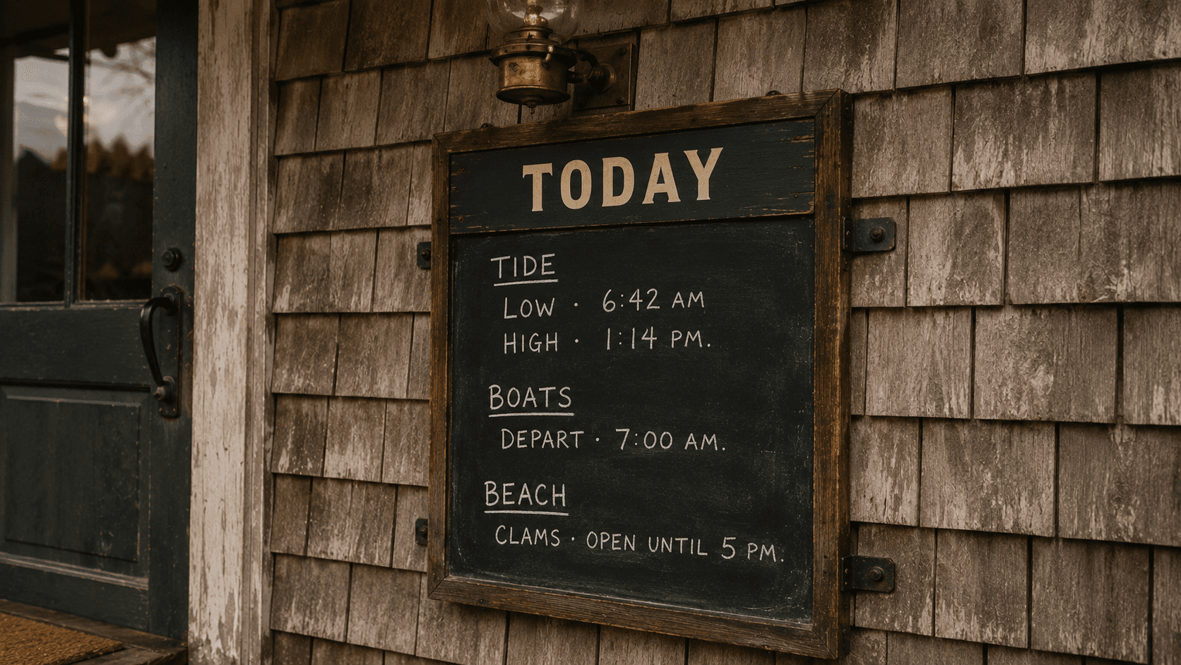 Today’s schedule board — tides, boats, and beach hours.
