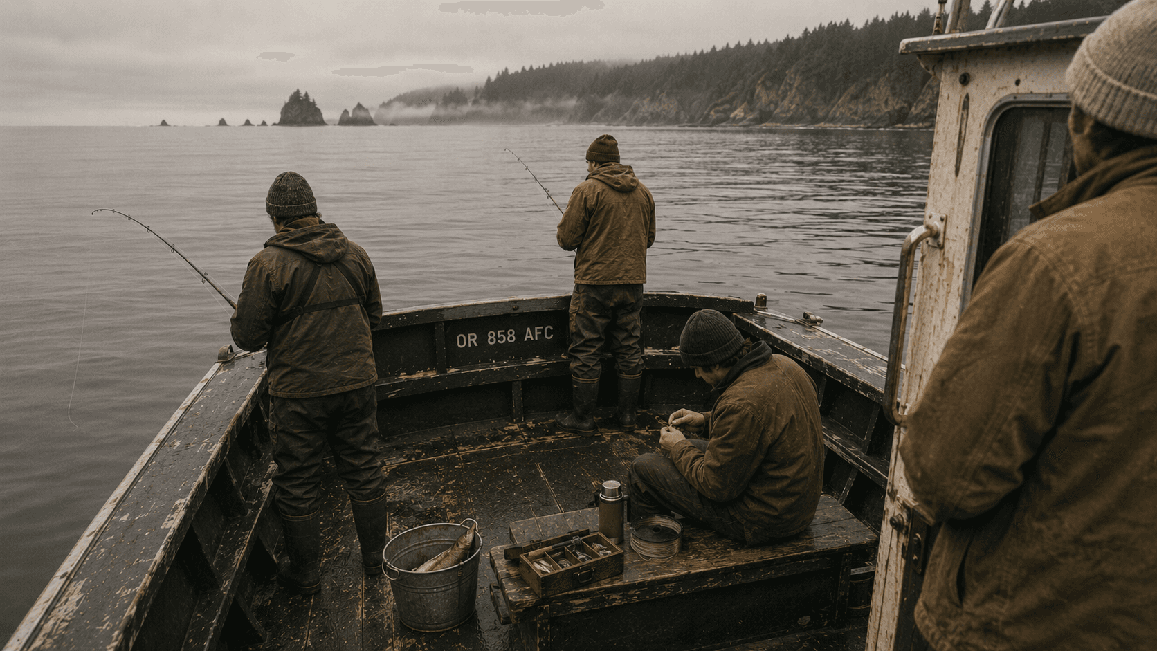 Anglers fishing from the stern of a charter boat in the fog.