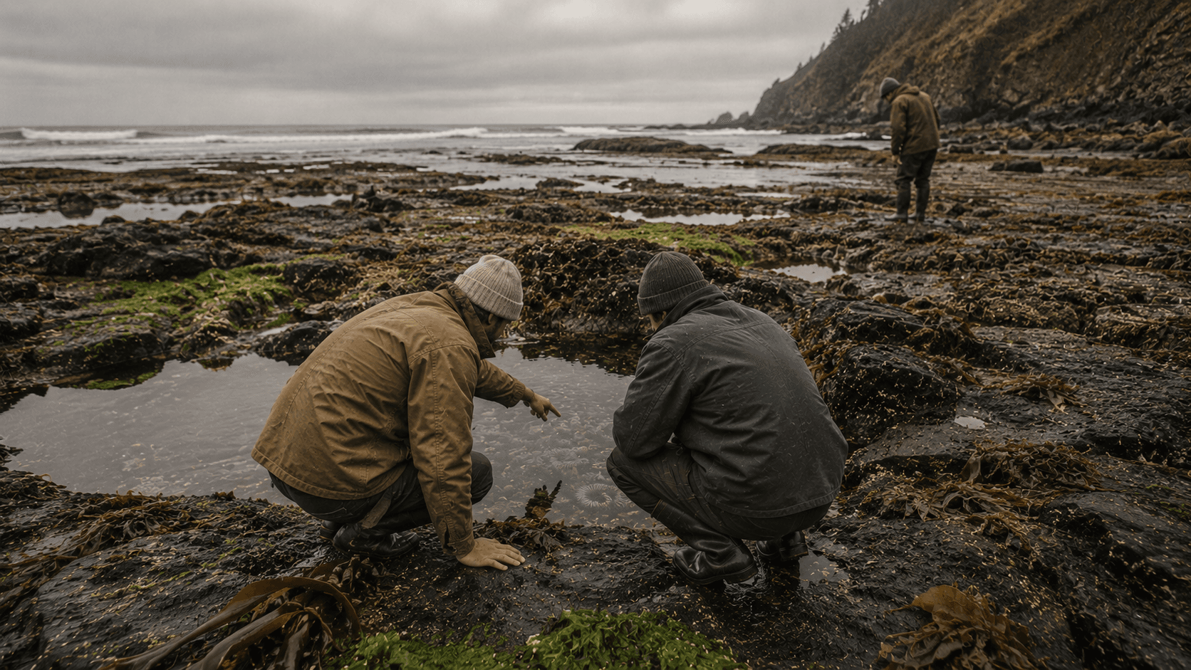 Two guests exploring tidepools on a rocky beach.