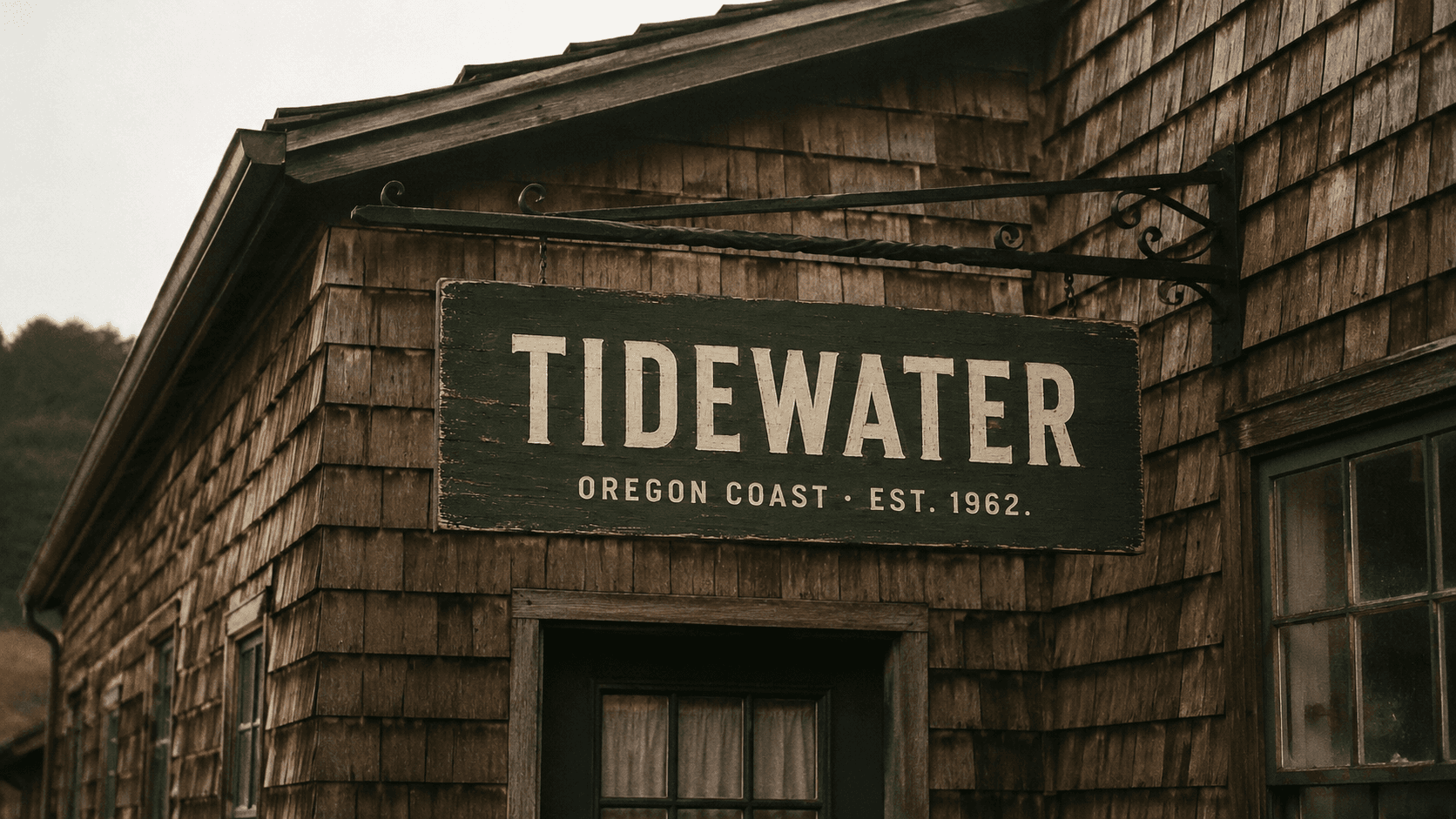 The Tidewater sign mounted on the cedar-shingled boathouse.