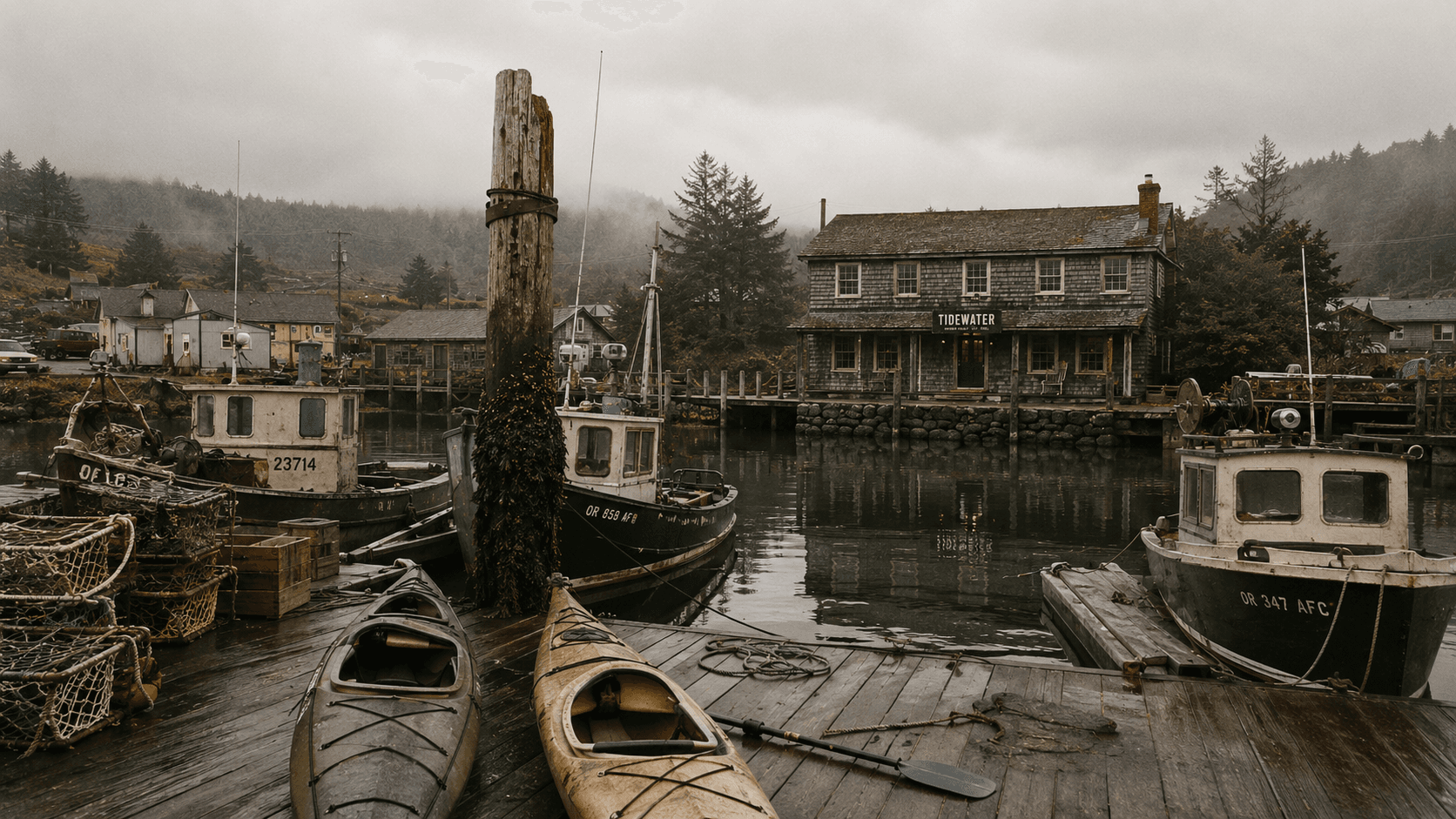 A misty harbor on the Oregon coast with fishing boats and kayaks.