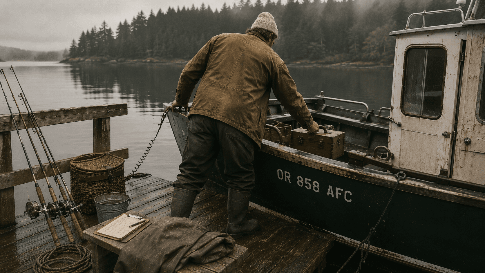 A guide loading gear onto a fishing boat at the dock.
