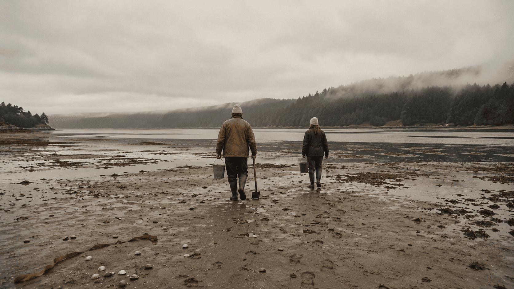 Two figures walking across a tidal flat on the Oregon coast.