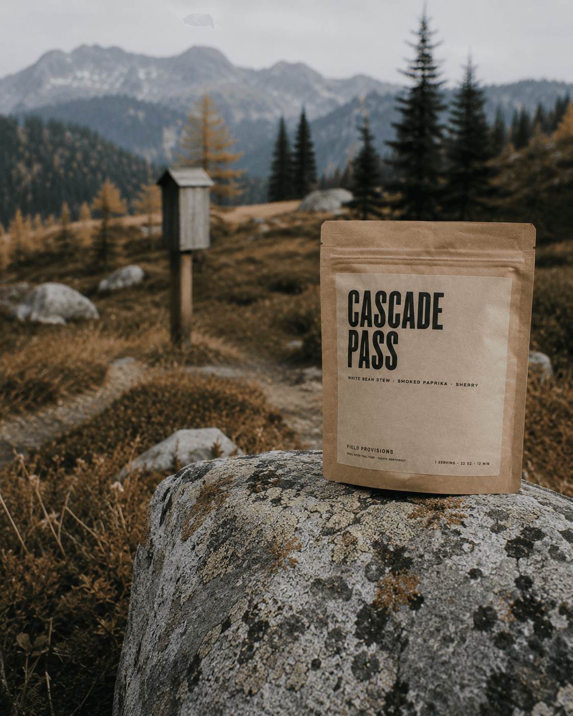 Cascade Pass pouch on a boulder in an alpine meadow.