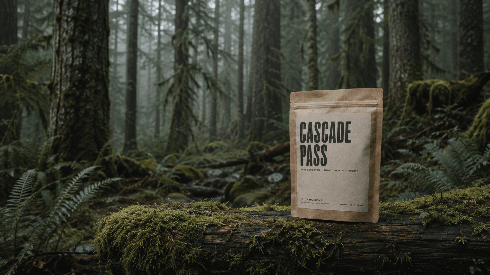 Cascade Pass pouch standing on a mossy log in an old-growth forest.