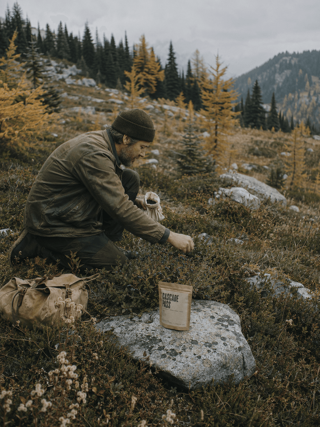 A man kneeling in an alpine meadow preparing a meal.