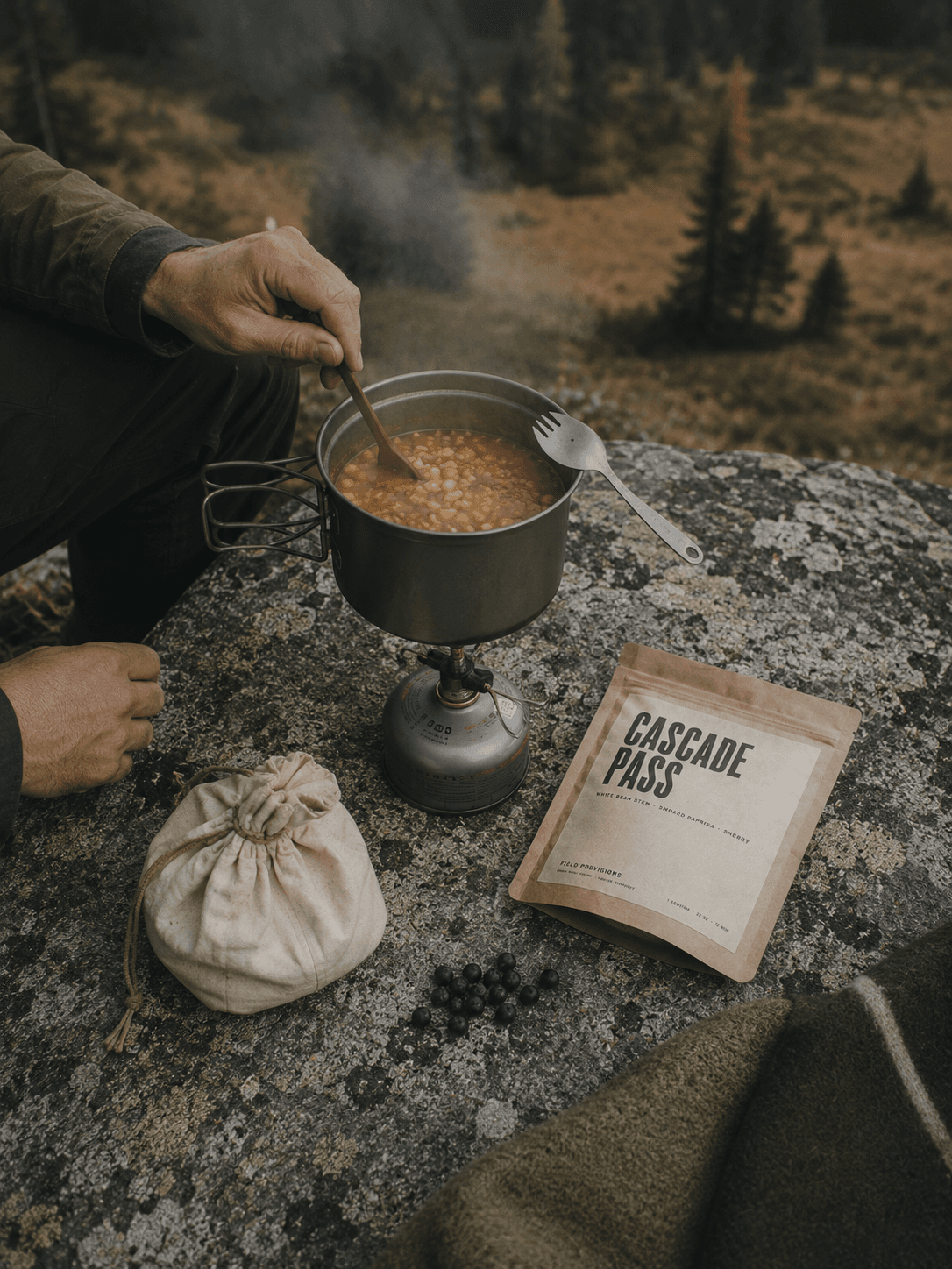 Cooking a Field Provisions meal on a camp stove.
