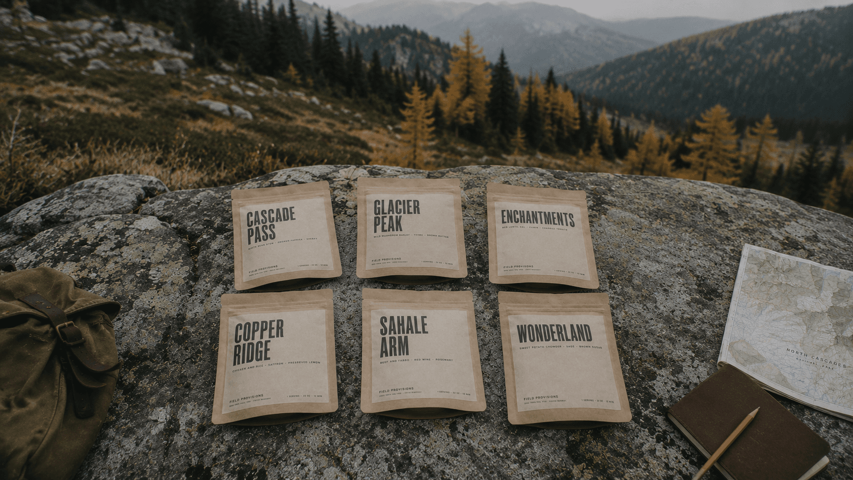 The full Field Provisions range laid out on a rock with fall larches.