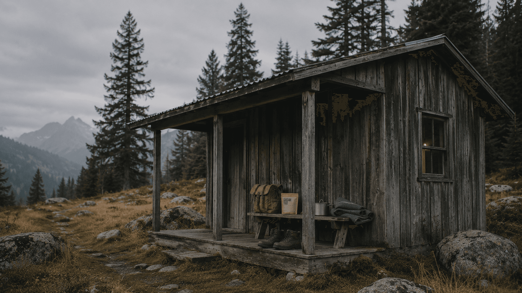 A backcountry cabin with Field Provisions products on the porch.