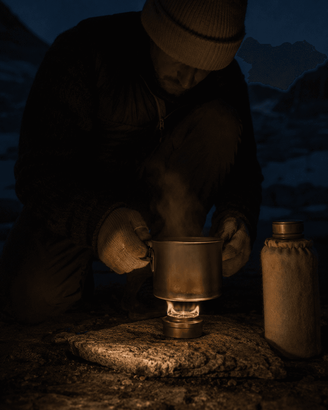 A figure heating water in a titanium pot on a camp stove at night, steam rising into cold air.